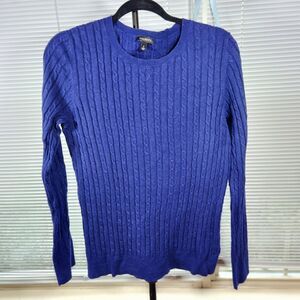 Talbots $90 Large Royal Blue Crew Neck Cable Knit Cotton Wool Blend Sweater